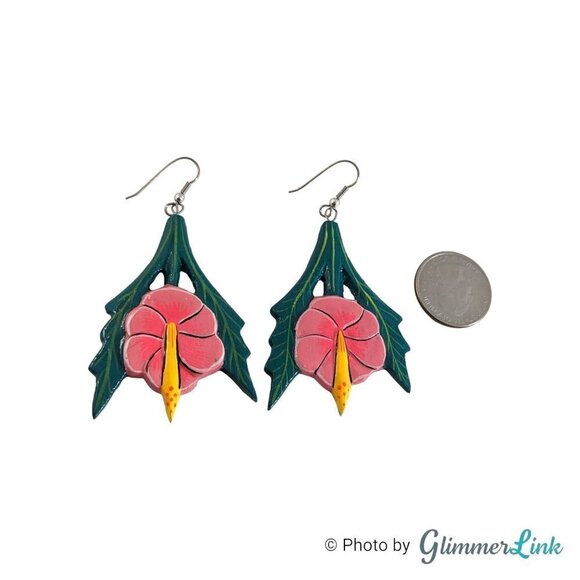 VTG 80s 90s Huge Hibiscus Flower Leaves Hand Painted Carved Wooden Earrings - Picture 4 of 7